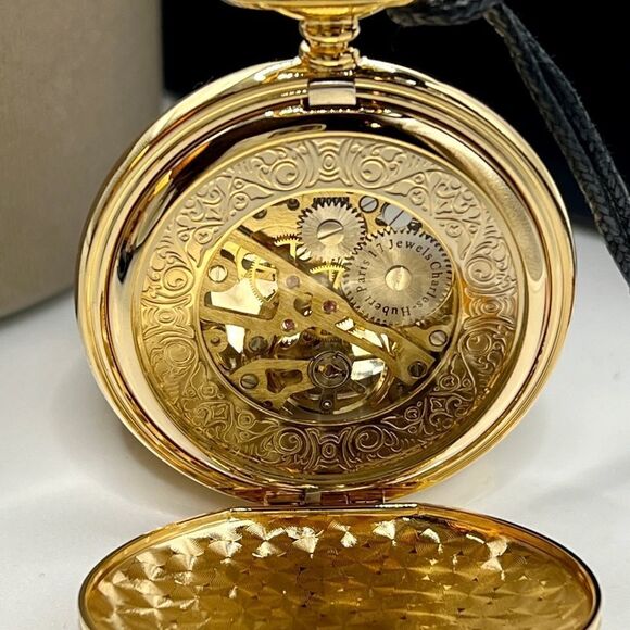 New Charles Hubert Gold-plated Double Hunter Blue Dial Pocket Watch - Picture 4 of 8